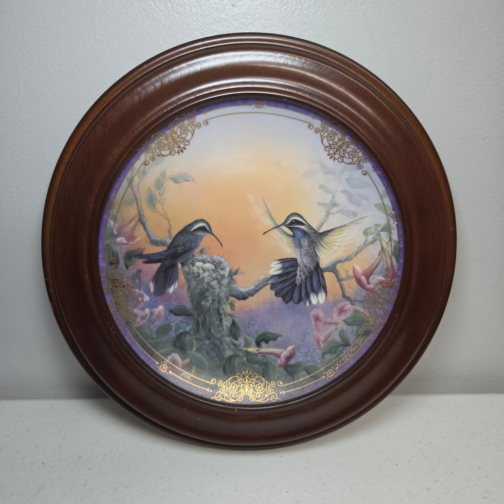 Bradford Exchange Perfect Jewels Hummingbird Plate Larry K Martin Wood Frame